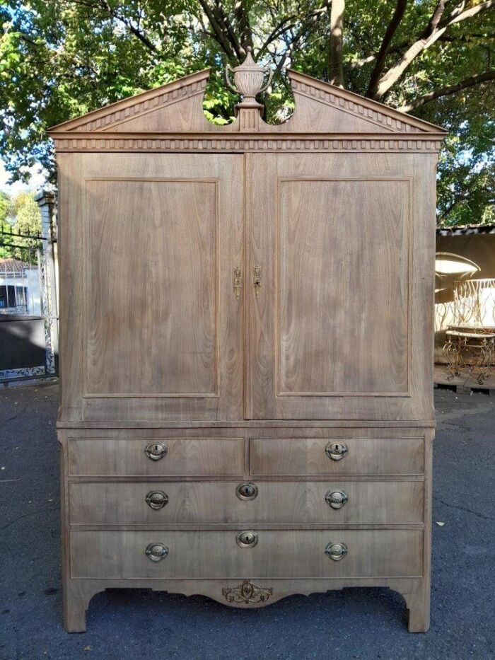 An 18th/19th Century Dutch Mahogany Linen Press with Brass Handles  and Escutcheons In A Contemporary Bleached Finish