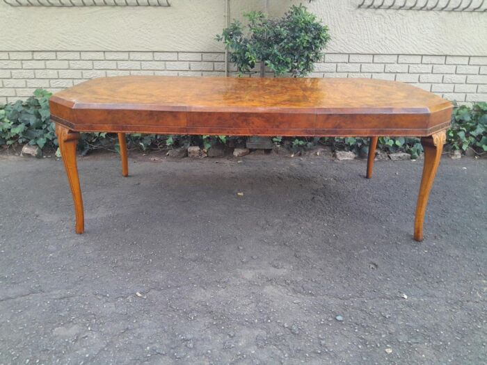 Circa 1930s Walnut and Burr Walnut Dining Table With Crank Handle