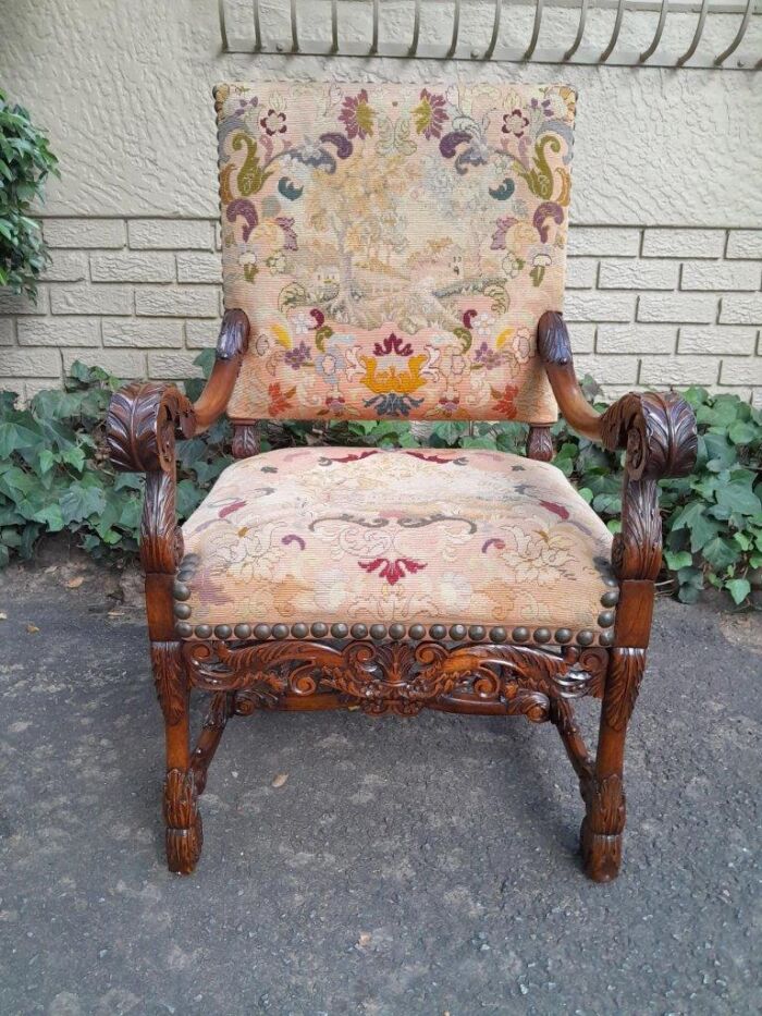 A 19th Century Renaissance Revival Carved Walnut Armchair in  Gobelin Style Tapestry