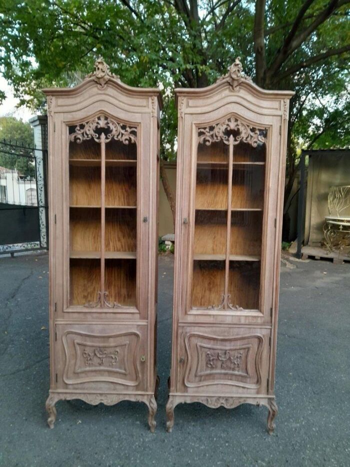 A 19th Century French Pair of Walnut Rococo Style Display / Vitrine Cabinets in a Contemporary Bleached Finish