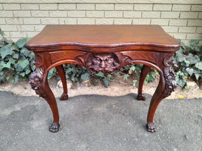 An Antique Jacobean Ornately Carved Oak Card Table with Black Baize - Image 2