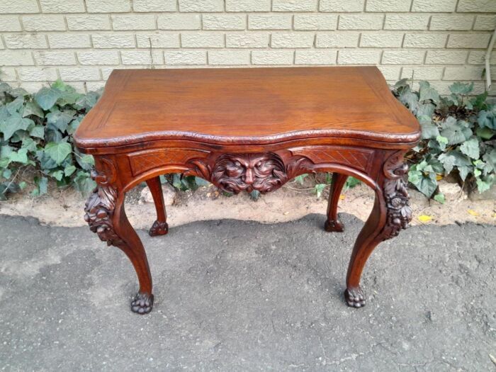 An Antique Jacobean Ornately Carved Oak Card Table with Black Baize - Image 3