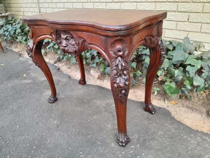 An Antique Jacobean Ornately Carved Oak Card Table with Black Baize - Image 4