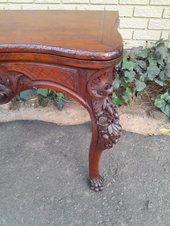 An Antique Jacobean Ornately Carved Oak Card Table with Black Baize - Image 7