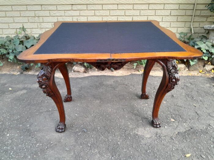 An Antique Jacobean Ornately Carved Oak Card Table with Black Baize - Image 9