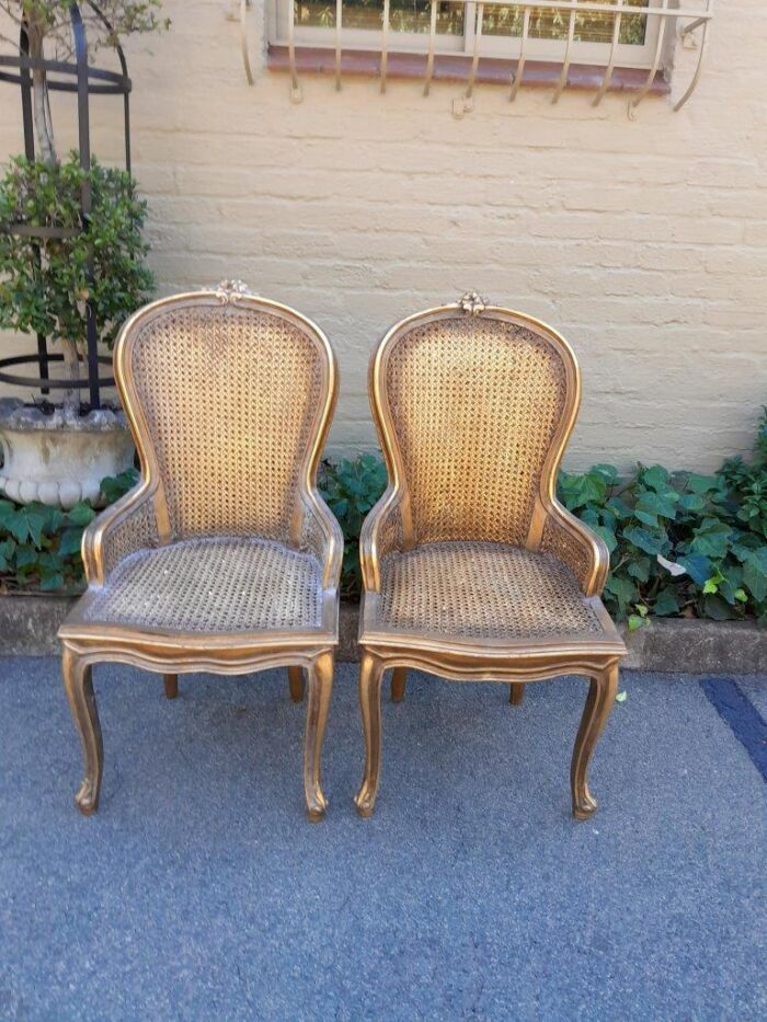 A Pair of French Style Ornately Carved and Gilded Rattan High Back Armchairs - Image 3