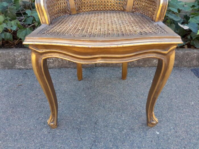 A Pair of French Style Ornately Carved and Gilded Rattan High Back Armchairs - Image 7