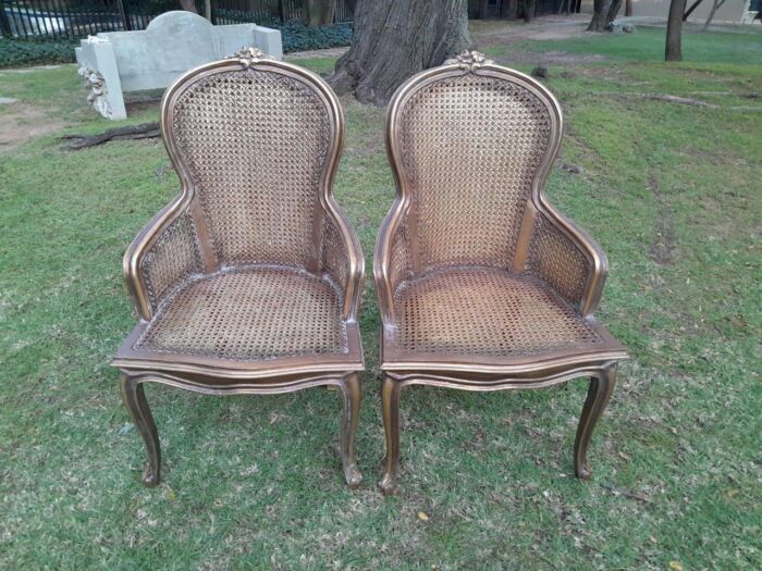 A Pair of French Style Ornately Carved and Gilded Rattan High Back Armchairs - Image 12