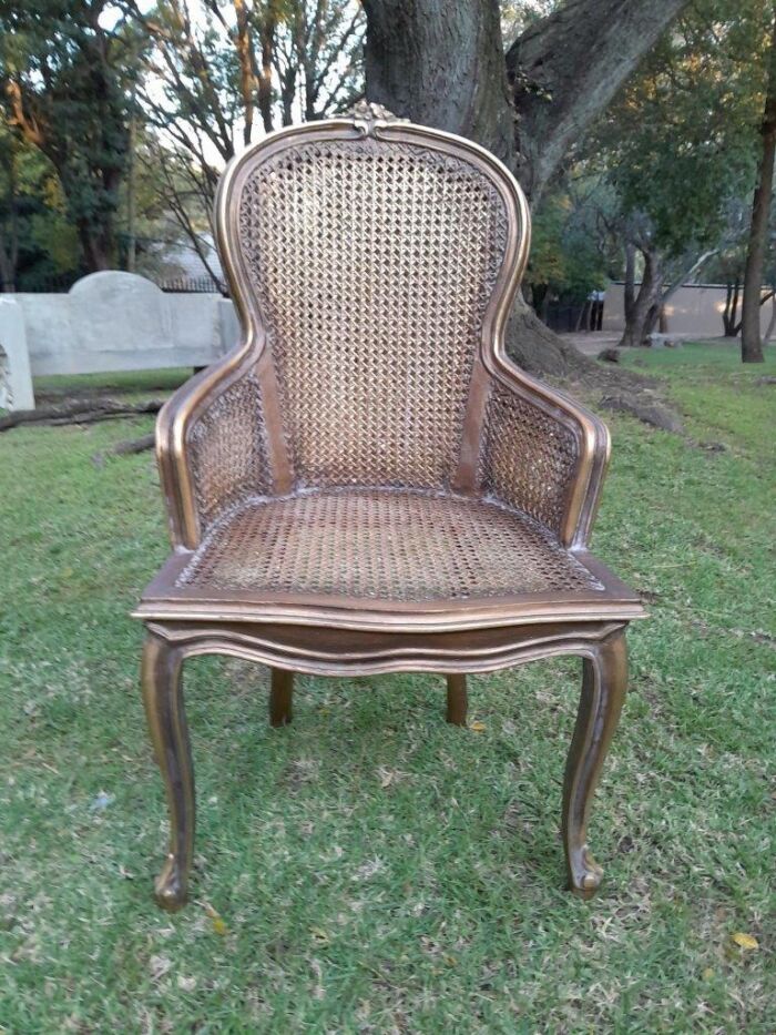 A Pair of French Style Ornately Carved and Gilded Rattan High Back Armchairs - Image 14