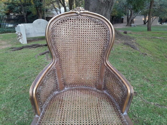 A Pair of French Style Ornately Carved and Gilded Rattan High Back Armchairs - Image 15