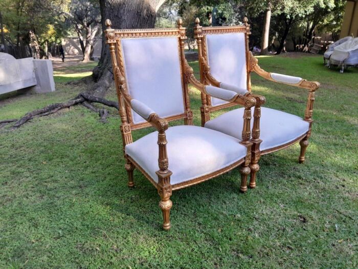 A Pair of French Style Ornately Carved Giltwood Arm Chairs - Image 3