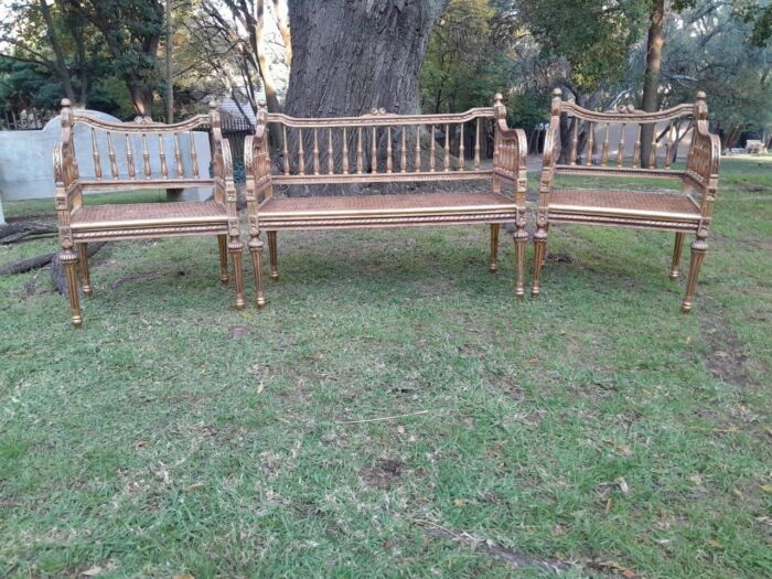 A 20th Century 3 Piece French Style Occasional Suite of a Settee and 2 Arm Chairs in Rattan