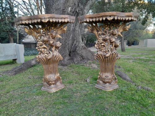 A Pair of Large French Style Carved and Gilded Wall Sconces Or Console Tables with Cream Marble Tops