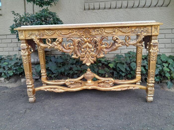 A 20th Century Ornately Carved and Hand-Gilded Console Table with Cream Marble Top - Image 2