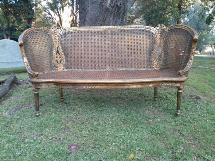 A French Louis XVI Style Carved and Giltwood Rattan Settee