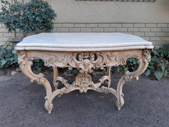 A 19th Century Ornately Carved Rococo Style Table with Marble Top in a Contemporary Bleached / Natural Finish - Image 3