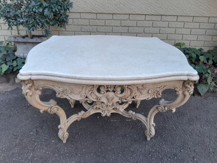 A 19th Century Ornately Carved Rococo Style Table with Marble Top in a Contemporary Bleached / Natural Finish - Image 4