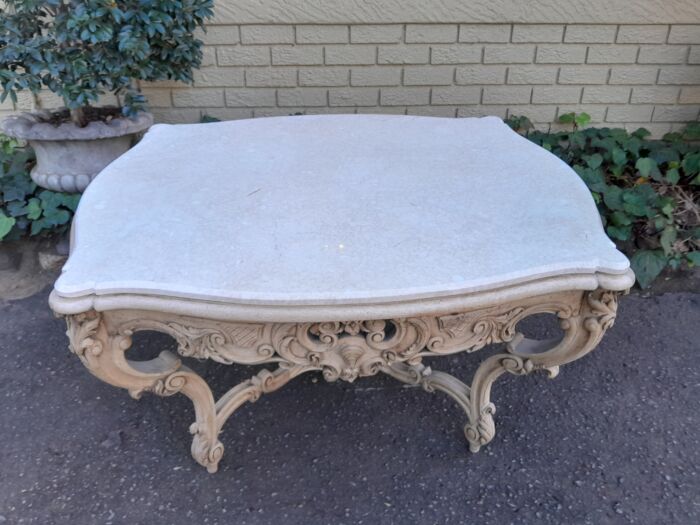 A 19th Century Ornately Carved Rococo Style Table with Marble Top in a Contemporary Bleached / Natural Finish - Image 5