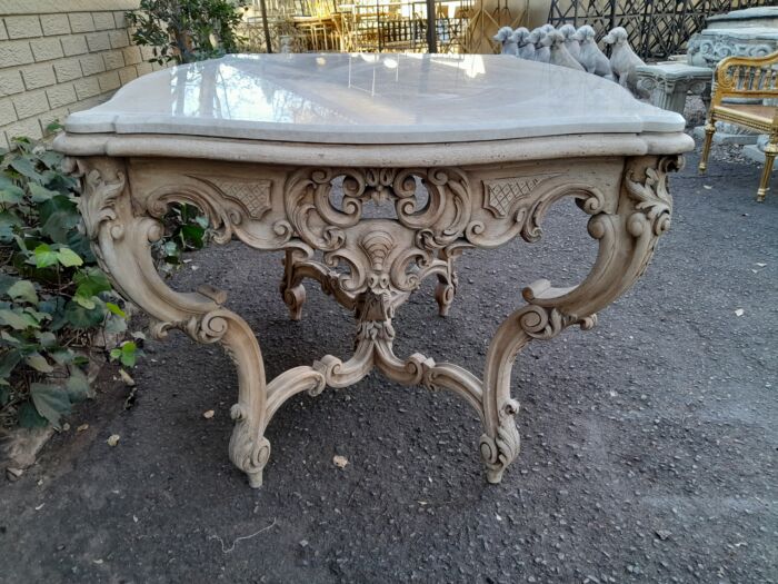 A 19th Century Ornately Carved Rococo Style Table with Marble Top in a Contemporary Bleached / Natural Finish - Image 13