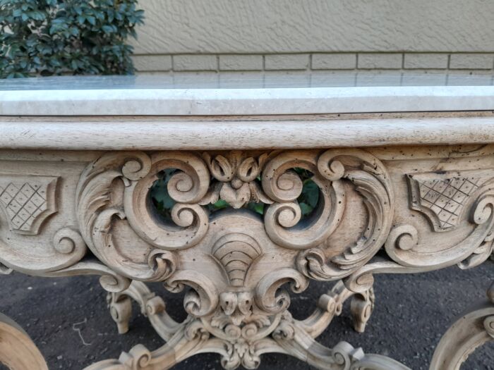 A 19th Century Ornately Carved Rococo Style Table with Marble Top in a Contemporary Bleached / Natural Finish - Image 9