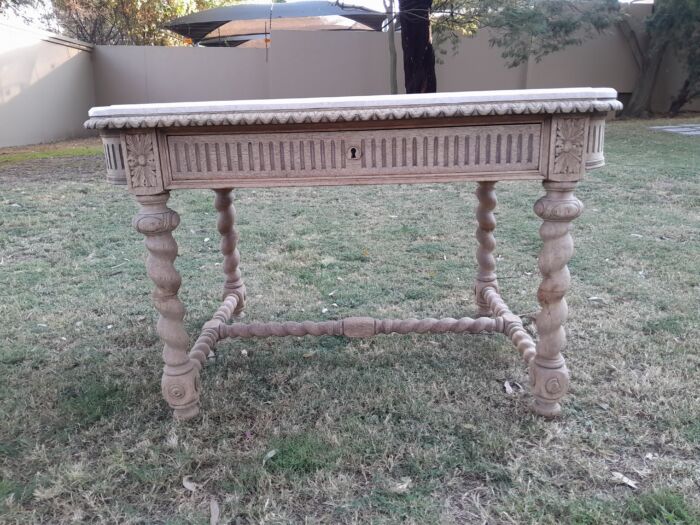 An Antique 20th Century French  Ornately Carved Console / Drinks Table with Drawer in a Contemporary Bleached Finish with Marble Top - Image 4