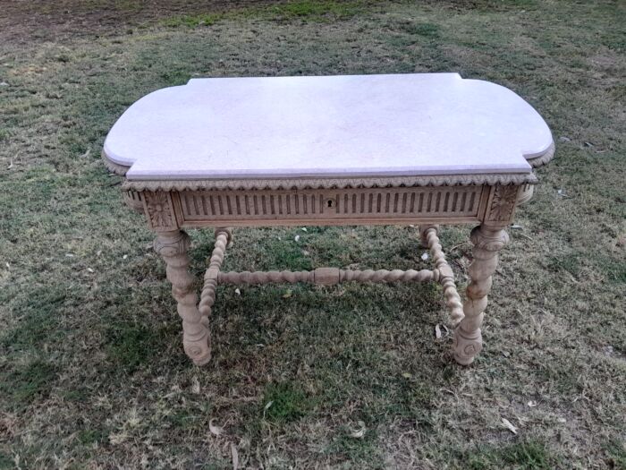 An Antique 20th Century French  Ornately Carved Console / Drinks Table with Drawer in a Contemporary Bleached Finish with Marble Top - Image 3