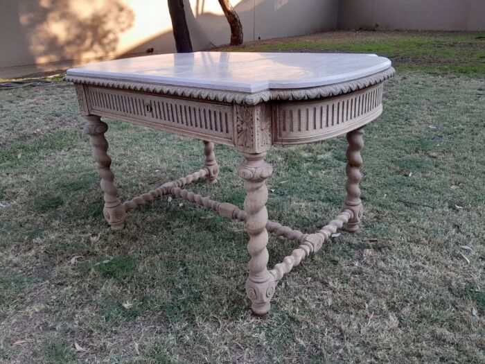 An Antique 20th Century French  Ornately Carved Console / Drinks Table with Drawer in a Contemporary Bleached Finish with Marble Top - Image 6