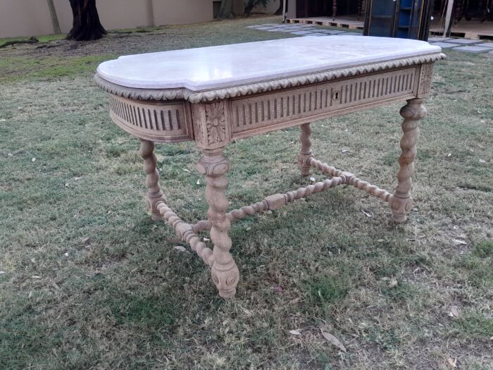 An Antique 20th Century French  Ornately Carved Console / Drinks Table with Drawer in a Contemporary Bleached Finish with Marble Top - Image 5