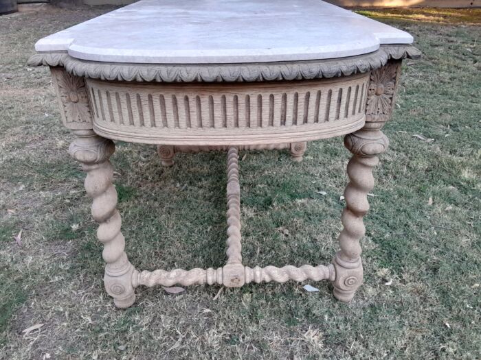 An Antique 20th Century French  Ornately Carved Console / Drinks Table with Drawer in a Contemporary Bleached Finish with Marble Top - Image 8