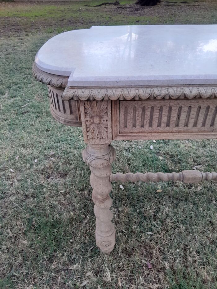 An Antique 20th Century French  Ornately Carved Console / Drinks Table with Drawer in a Contemporary Bleached Finish with Marble Top - Image 10