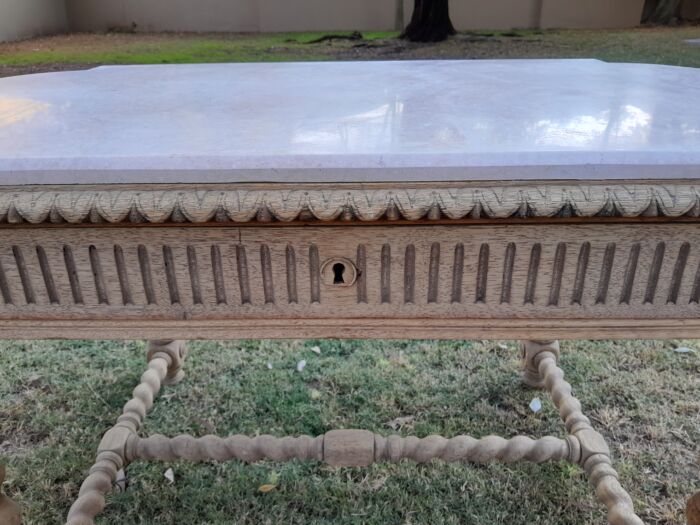 An Antique 20th Century French  Ornately Carved Console / Drinks Table with Drawer in a Contemporary Bleached Finish with Marble Top - Image 9