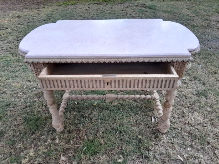 An Antique 20th Century French  Ornately Carved Console / Drinks Table with Drawer in a Contemporary Bleached Finish with Marble Top - Image 7