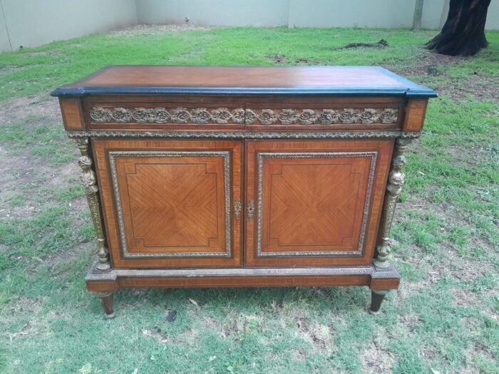 A 20th Century French Style Mahogany & Walnut Server  /  Sideboard  /  Cabinet  /  Drinks Table with Ormolu Mounts and a Cream Marble Top