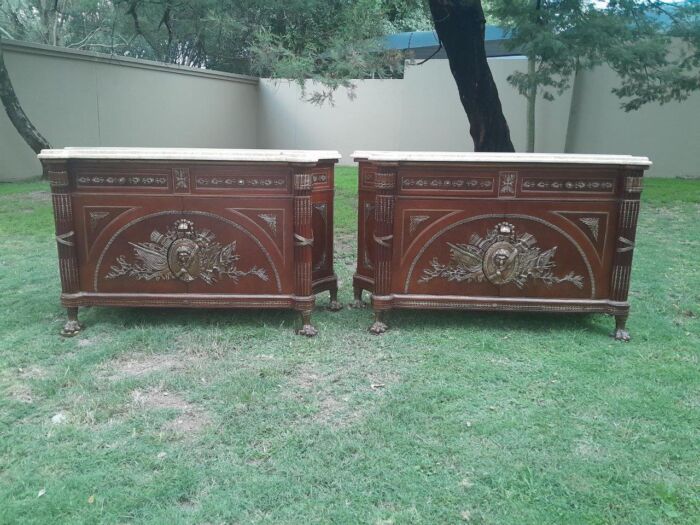 A 20th Century Rare Pair of Mahogany Server  /  Sideboards  /  Cabinets with Ormolu Mounts and Cream Marble Tops