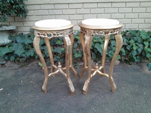 A 20th Century Pair of French Style Carved and Hand Gilded Side Table with Marble Top