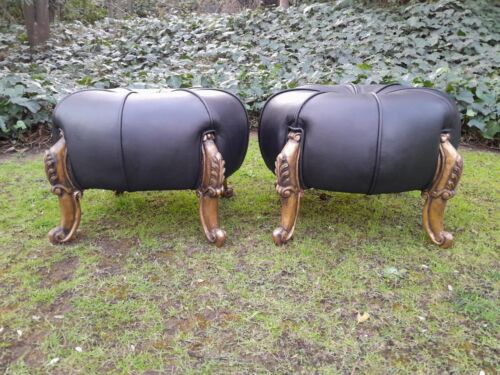 A Pair Of French Style Hand-Gilded Ottomans / Tuffets In Leather