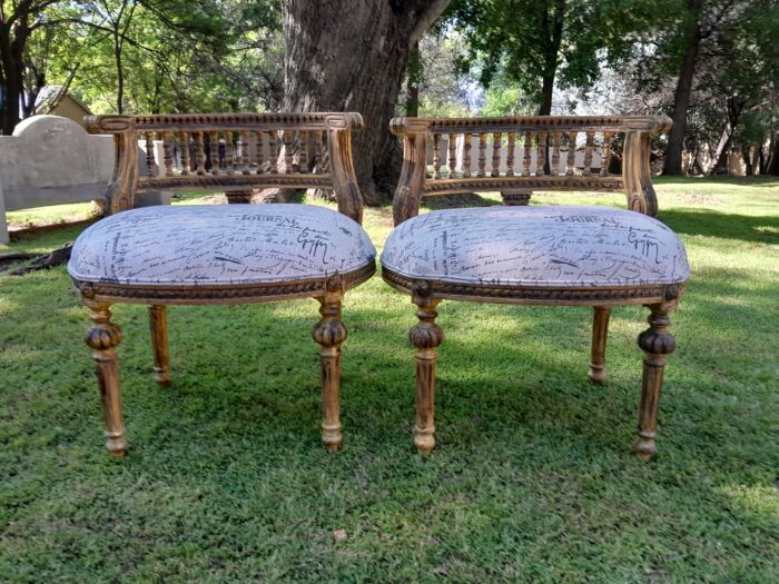 A Pair of French Style Ornately Carved & Gilded Slipper Chair upholstered in a Custom made Fabric B