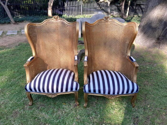 A Pair of 20th Century French Style Gilt Wood Arm Chairs with Rattan Back - Image 2