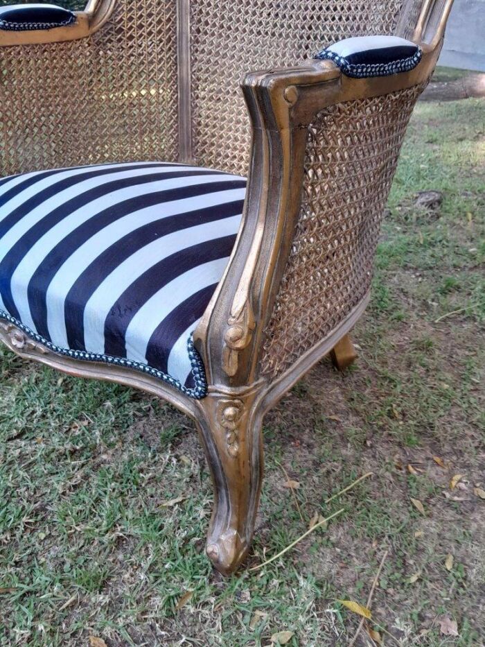 A Pair of 20th Century French Style Gilt Wood Arm Chairs with Rattan Back - Image 11