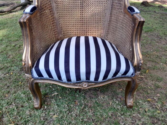 A Pair of 20th Century French Style Gilt Wood Arm Chairs with Rattan Back - Image 12