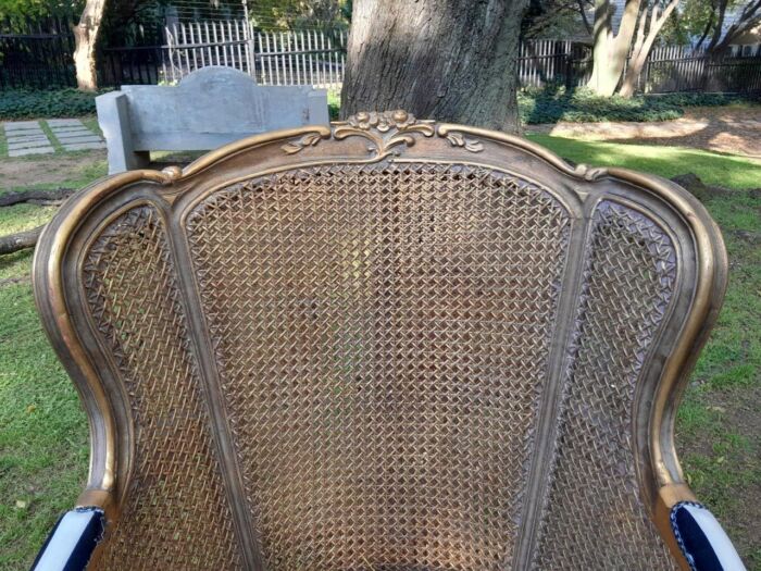 A Pair of 20th Century French Style Gilt Wood Arm Chairs with Rattan Back - Image 13