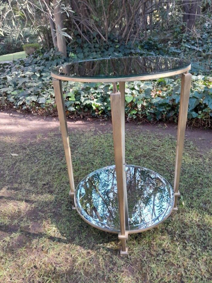 A Custom-made Gilt Metal Circulate Table / Side Table / Bedside Table with Two Bevelled Mirrors on Top and Bottom - Image 4