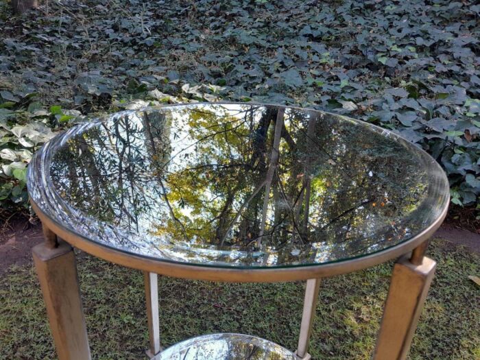 A Custom-made Gilt Metal Circulate Table / Side Table / Bedside Table with Two Bevelled Mirrors on Top and Bottom - Image 7