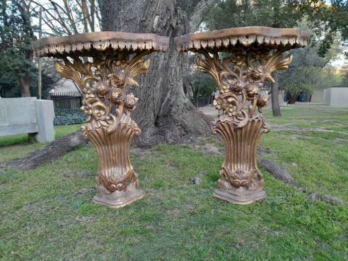 A Pair of Medium French Style Carved and Gilded Wall Sconces Or Console Tables with Cream Marble Tops