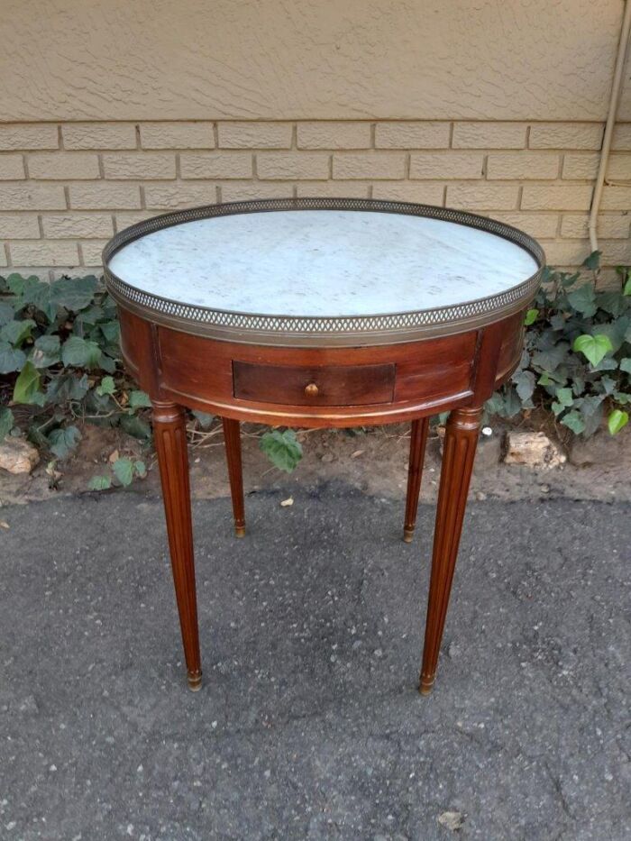 A 19th Century  French Walnut Drum Side Table With Marble Top And Gilt Gallery With Drawers And Trays ND