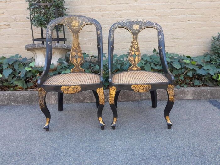 A Late 19th Century Pair of Chinoiserie Ebonised M ahogany Chairs with Rattan Seats