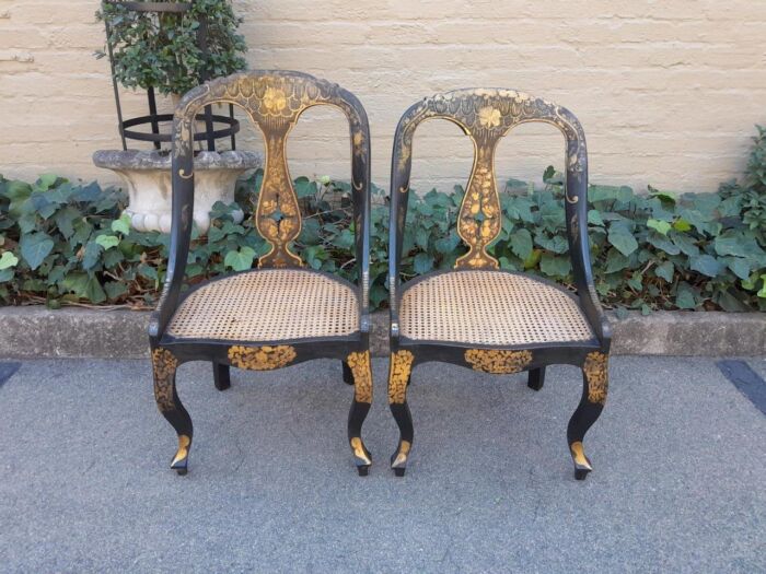 A Late 19th Century Pair of Chinoiserie Ebonised M ahogany Chairs with Rattan Seats - Image 2