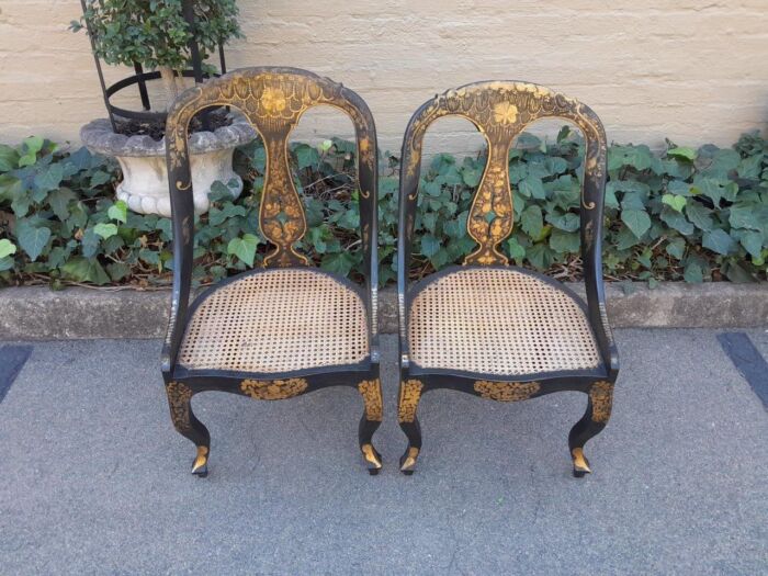 A Late 19th Century Pair of Chinoiserie Ebonised M ahogany Chairs with Rattan Seats - Image 3