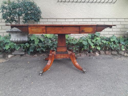 A 19th Century Victorian Brass Plated Rosewood Sofa Drop Side Table With Brass Inlay and on Brass Lion Paw Feet