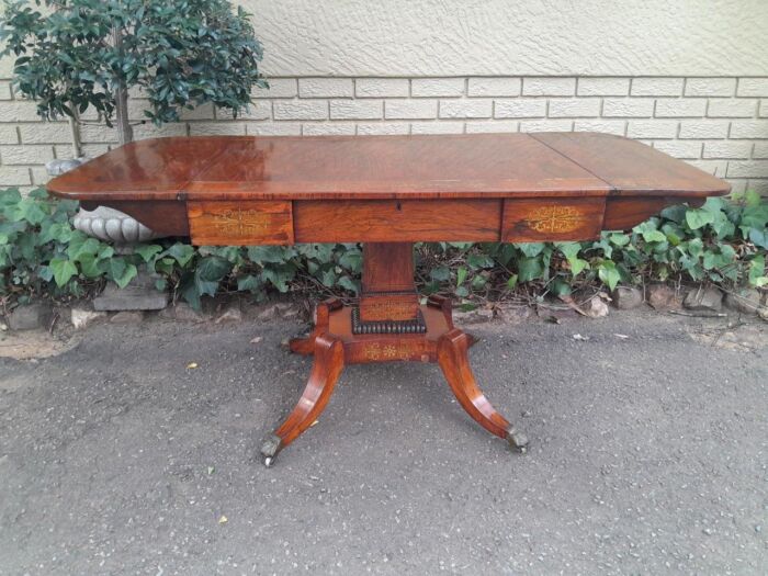 A 19th Century Victorian Brass Plated Rosewood Sofa Drop Side Table With Brass Inlay and on Brass Lion Paw Feet - Image 2